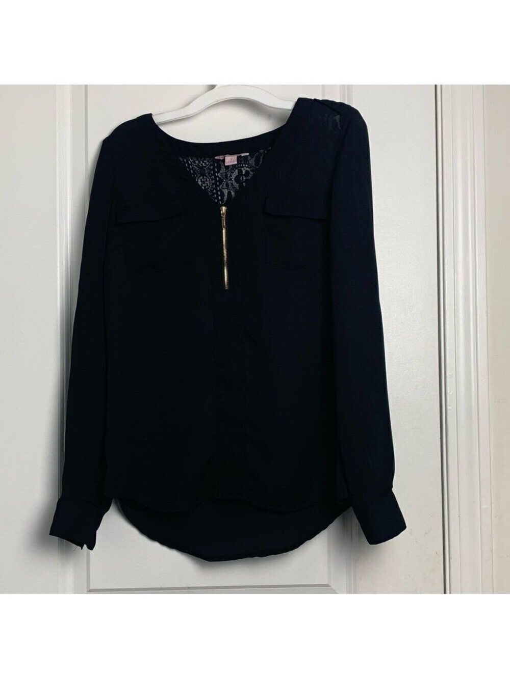 Candies Black Sheer Zip Up Blouse with Lace on back size S